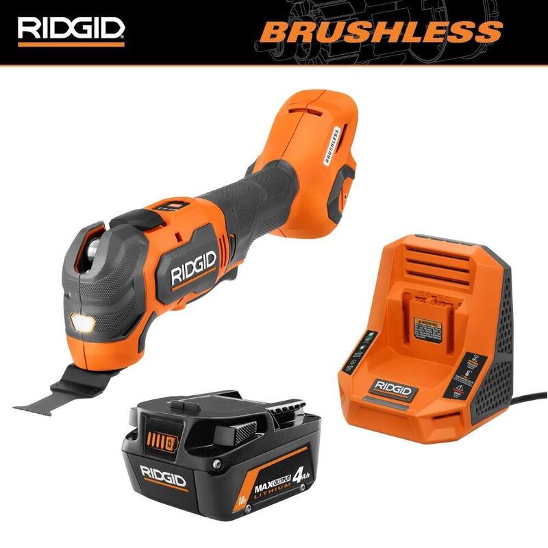 Kit de batería RIDGID 18V 4.0 Ah MAX Output y cargador rápido con herramienta multiusos oscilante inalámbrica de 18V Brushless - AC9840-R86242B