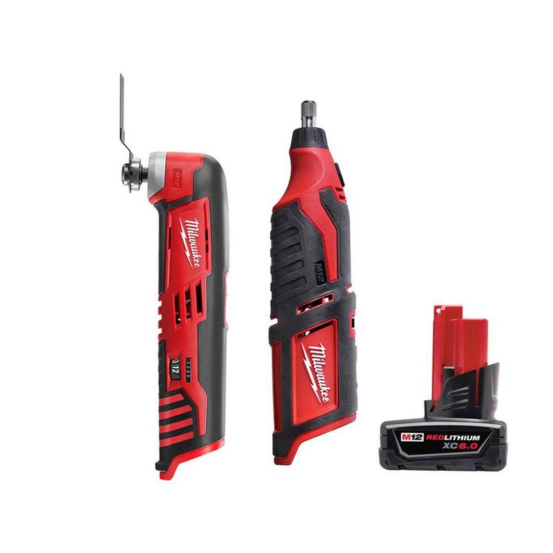 Herramienta múltiple oscilante inalámbrica de 12V de ión de litio Milwaukee M12 con herramienta rotativa M12 y paquete de batería XC de 6.0 Ah - 2426-20-2460-20-48-11-2460