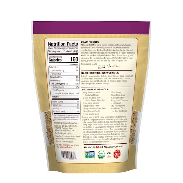 Bobs Red Mill Natural Foods Bob's Red Mill Organic Buckwheat Groats 16 oz. Resealable Pouches, PK4 - 1092S164