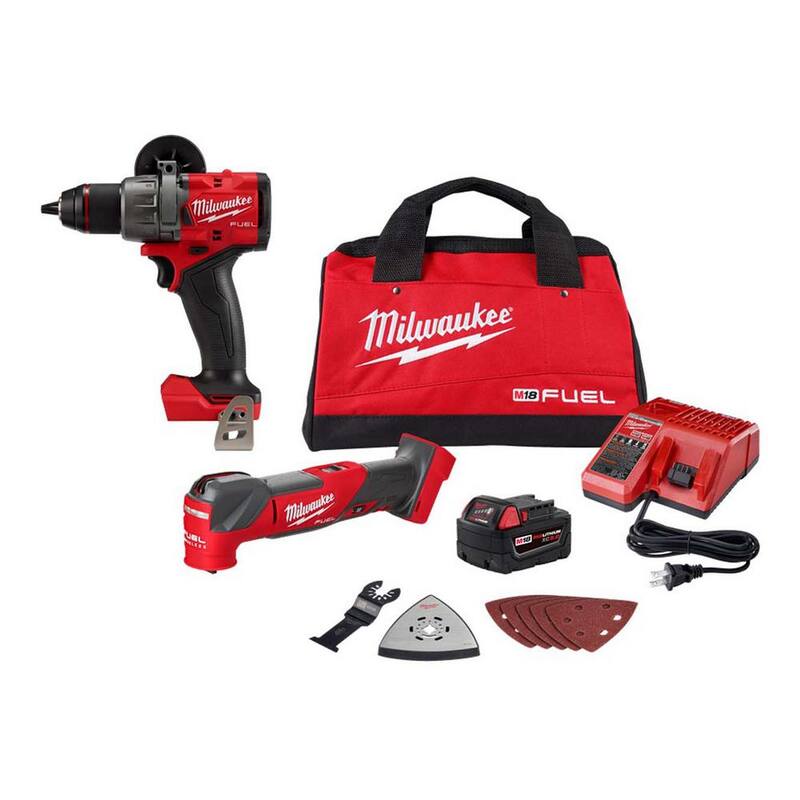 Kit de herramienta multifunción oscilante inalámbrica Milwaukee M18 FUEL de 18V con tecnología de iones de litio sin escobillas y taladro percutor de 1/2 pulgadas M18 FUEL - 2836-21-2904-20.