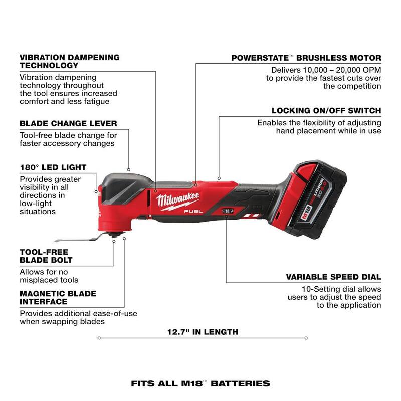 Kit de herramienta multifunción oscilante inalámbrica Milwaukee M18 FUEL de 18V con tecnología de iones de litio sin escobillas y taladro percutor de 1/2 pulgadas M18 FUEL - 2836-21-2904-20.