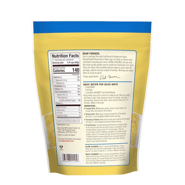 Bobs Red Mill Natural Foods Bob's Red Mill Corn Grits 24 oz. Resealable Pouches, PK4 - 1145S244