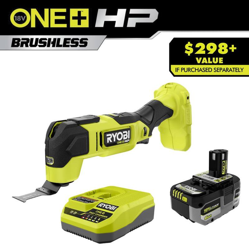RYOBI ONE+ HP 18V 6.0 Ah Batería de alto rendimiento de iones de litio y kit de cargador con ONE+ HP 18V Herramienta múltiple sin escobillas - PSK016-PBLMT51B
