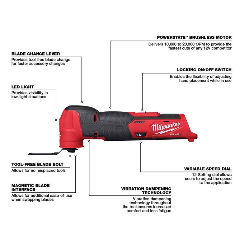 Herramienta multifuncional oscilante y atornillador de impacto inalámbricos con baterías de 12V de iones de litio Milwaukee M12 FUEL con dos baterías de 3.0 Ah - 2526-20-2551-20-48-11-2412