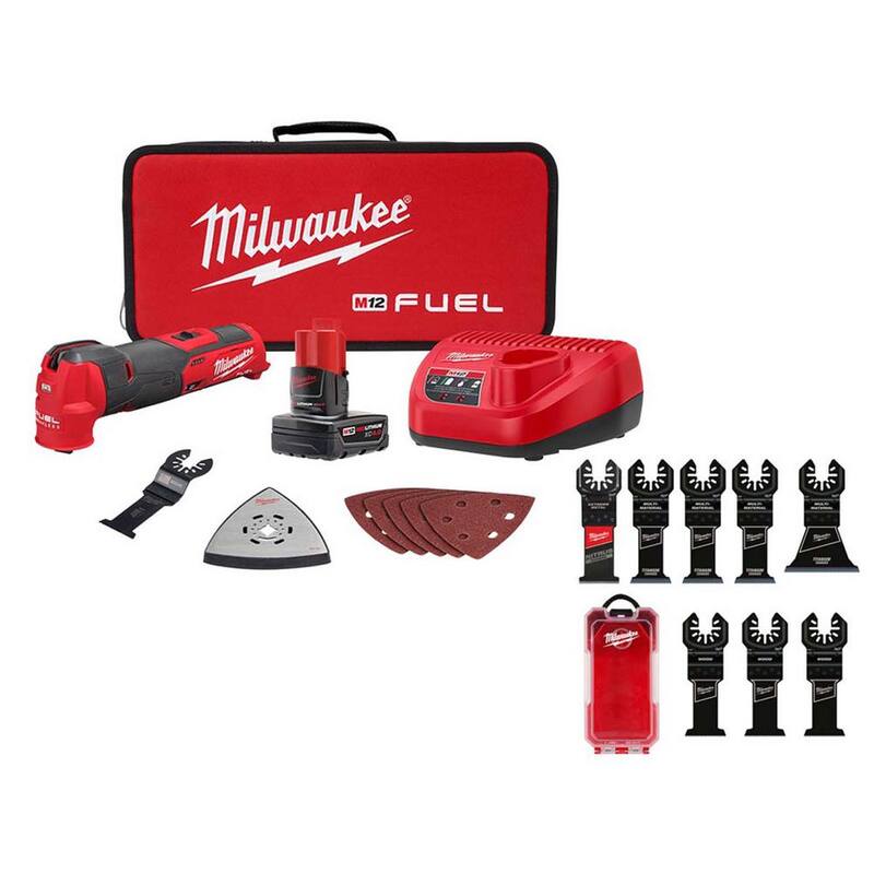 Kit de Herramienta Múltiple Oscilante Inalámbrica Milwaukee M12 FUEL de 12V de Iones de Litio con Batería de 4.0 Ah, Cargador, Accesorios, Bolsa y Set de Cuchillas (8 pzas) - 2526-21XC-49-10-9208W