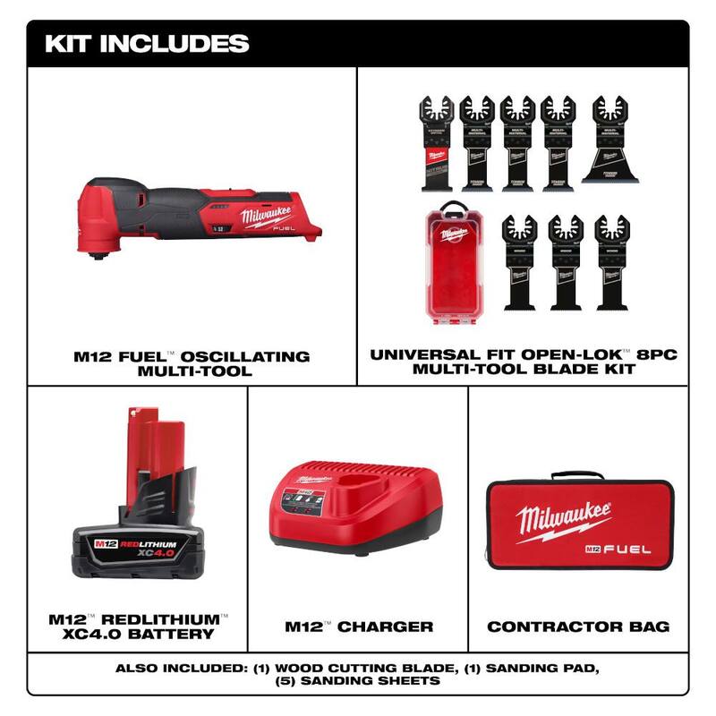 Kit de Herramienta Múltiple Oscilante Inalámbrica Milwaukee M12 FUEL de 12V de Iones de Litio con Batería de 4.0 Ah, Cargador, Accesorios, Bolsa y Set de Cuchillas (8 pzas) - 2526-21XC-49-10-9208W