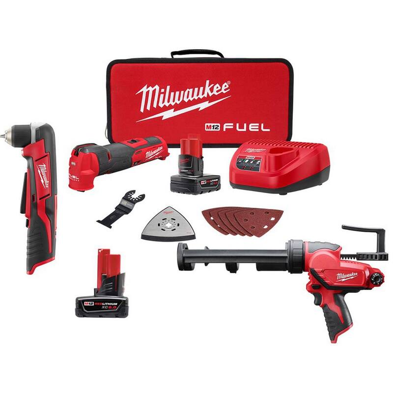 Kit de herramientas múltiples inalámbricas Milwaukee M12 FUEL de 12V de ion de litio con pistola de calafateo/adhesivo de 10 oz, taladro angular de 3/8 de pulgada y batería de 6.0Ah - 2526-21XC-2441-20-2415-20-48-11-2460.