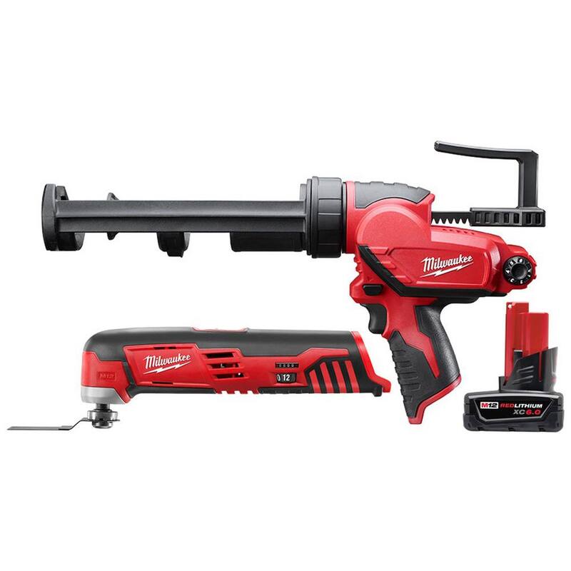 Milwaukee M12 12V Multiherramienta oscilante inalámbrica de iones de litio con pistola de silicona y adhesivo de 10 oz M12 y paquete de batería XC de 6.0 Ah - 2426-20-2441-20-48-11-2460