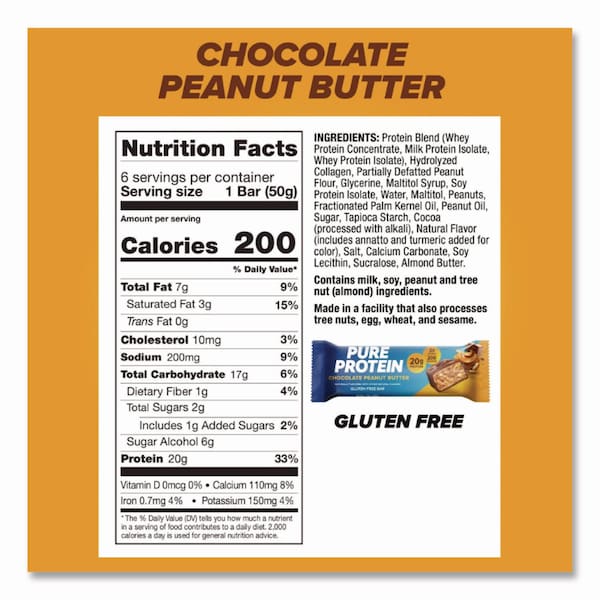 Balance Bar Pure Protein Bar, Chocolate Peanut Butter, 1.76 oz Bar, 6PK - NRN13805