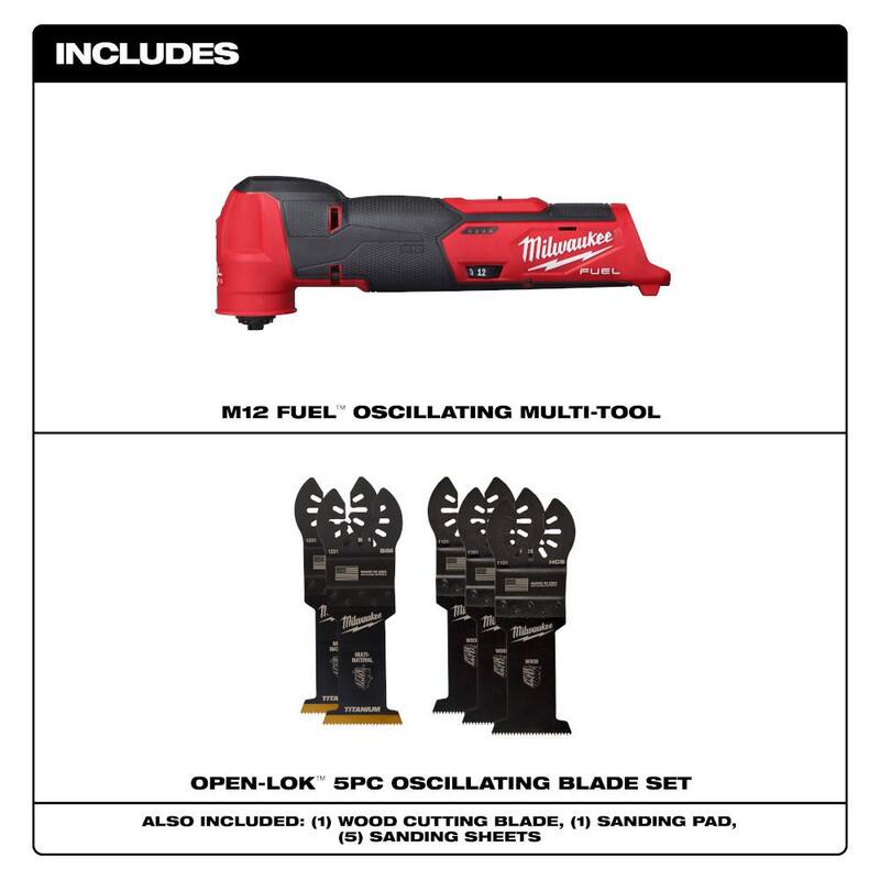Herramienta multifunción inalámbrica Milwaukee M12 FUEL 12V de iones de litio (solo herramienta) con juego de hojas oscilantes de 1-3/8 pulgadas (5 piezas) - 2526-20-49-25-1135