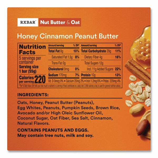 A.M. Rxbar Gluten-Free Honey Cinnamon Peanut Butter Protein Bar, 1.9 oz Bar, 12PK - KEE00533