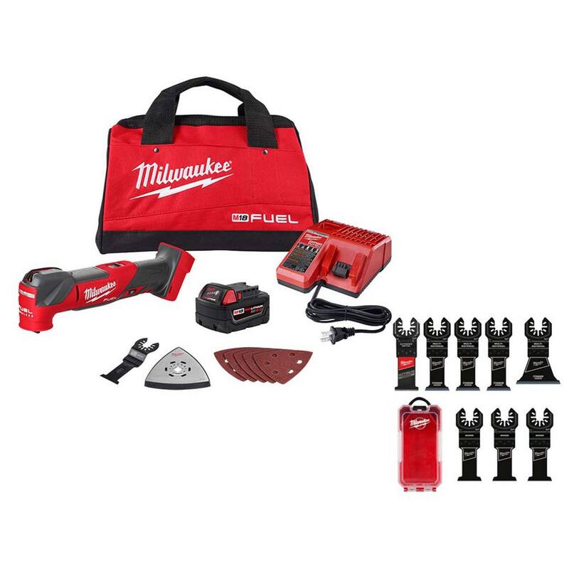Milwaukee M18 FUEL 18V Li-Ion Kit inalámbrico con multiherramienta oscilante sin escobillas con (1) batería de 5.0 Ah, cargador, bolsa y juego de hojas (8 piezas) - 2836-21-49-10-9208W