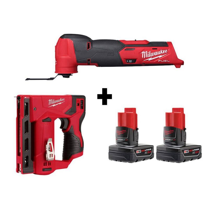 Milwaukee M12 FUEL 12V Herramienta múltiple oscilante inalámbrica de iones de litio y grapadora de coronas con dos baterías de 3.0 Ah - 2526-20-2447-20-48-11-2412.