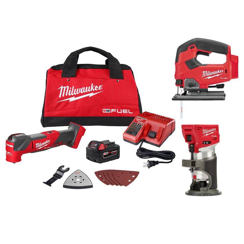 Equipo de herramientas múltiples oscilante inalámbrico Milwaukee M18 FUEL de 18V con batería de iones de litio, sin escobillas, con enrutador compacto FUEL y sierra de calar - 2836-21-2723-20-2737-20.