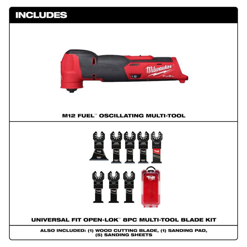 Herramienta múltiple oscilante inalámbrica de 12V M12 FUEL de Milwaukee con batería de iones de litio (sólo herramienta) con juego de hojas para herramienta múltiple oscilante (8 piezas) - 2526-20-49-10-9208W