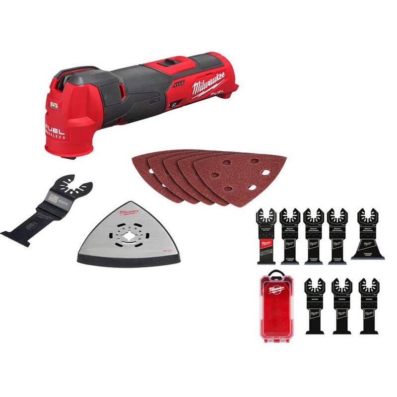 Herramienta múltiple oscilante inalámbrica de 12V M12 FUEL de Milwaukee con batería de iones de litio (sólo herramienta) con juego de hojas para herramienta múltiple oscilante (8 piezas) - 2526-20-49-10-9208W