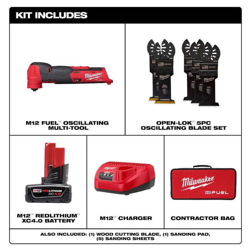Kit de herramienta multifunción oscilante inalámbrica Milwaukee M12 FUEL de 12V con batería de iones de litio de 4.0 Ah, cargador, bolsa y set de hojas (5 piezas) - 2526-21XC-49-25-1135.