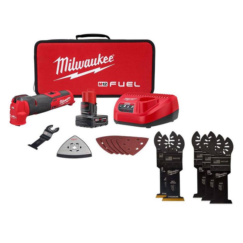 Kit de herramienta multifunción oscilante inalámbrica Milwaukee M12 FUEL de 12V con batería de iones de litio de 4.0 Ah, cargador, bolsa y set de hojas (5 piezas) - 2526-21XC-49-25-1135.