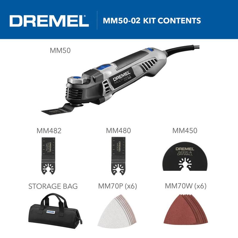 Dremel Multi-Max 50 5 Amp Variable Speed Corded Oscillating Multi-Tool Kit with 3PK Universal 1-1/8 in. Carbide Flush Blade - MM50-02+MM485BU

Kit de Herramientas Multifunción Oscilante con Cable Dremel Multi-Max 50 de 5 Amps y Velocidad Variable con Cuchilla Carburo Universal de 1-1/8 pulgadas - MM50-02+MM485BU