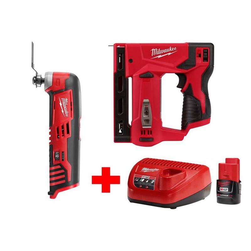 Milwaukee M12 12V Lithium-Ion Inalámbrico Clavadora de Corona de 3/8 pulgadas y Kit de Herramienta Multiusos Oscilante con (1) batería 2.0Ah y cargador - 2447-20-2426-20-48-59-2420