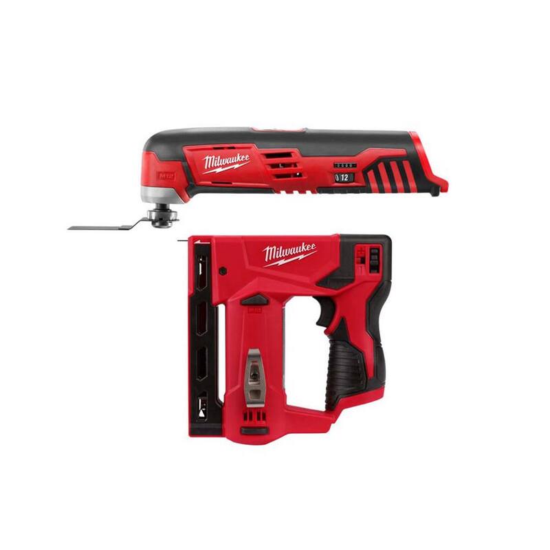 Herramienta multifunción inalámbrica Milwaukee M12 de 12 voltios con batería de iones de litio, junto con el grapadora de corona de 3/8 de 12 voltios también con tecnología de iones de litio - 2426-20-2447-20