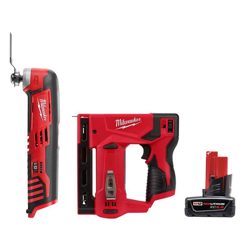 Herramienta Multiusos Oscilante Inalámbrica de Iones de Litio de 12 Voltios Milwaukee M12 con Grapadora Corona de 3/8 de pulgada M12 y Batería de 6.0 Ah XC - 2426-20-2447-20-48-11-2460