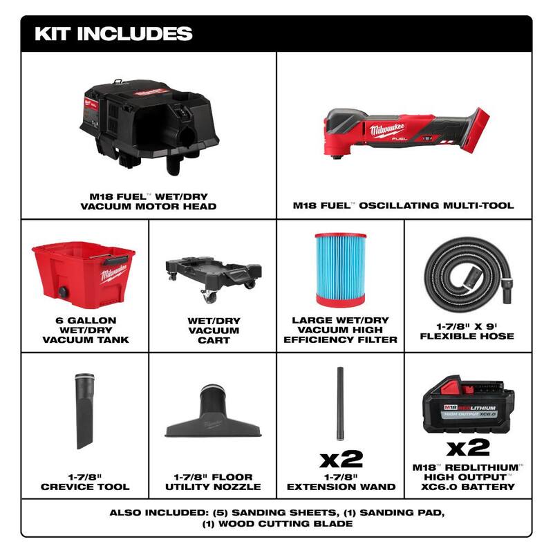 Milwaukee M18 FUEL 18V Herramienta Múltiple Oscilante Inalámbrica con Tecnología Brushless de Iones de Litio y Aspiradora Húmeda/Seca junto con (2) Paquetes de Baterías de Alto Rendimiento de 6.0Ah - 2836-20-0910-20-48-11-1862