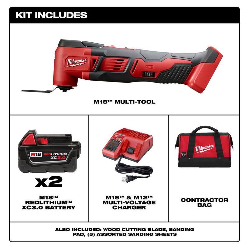 Kit de herramienta múltiple oscilante inalámbrica Milwaukee M18 18V de iones de litio con dos baterías de 3.0Ah, accesorios, cargador, estuche - 2626-22