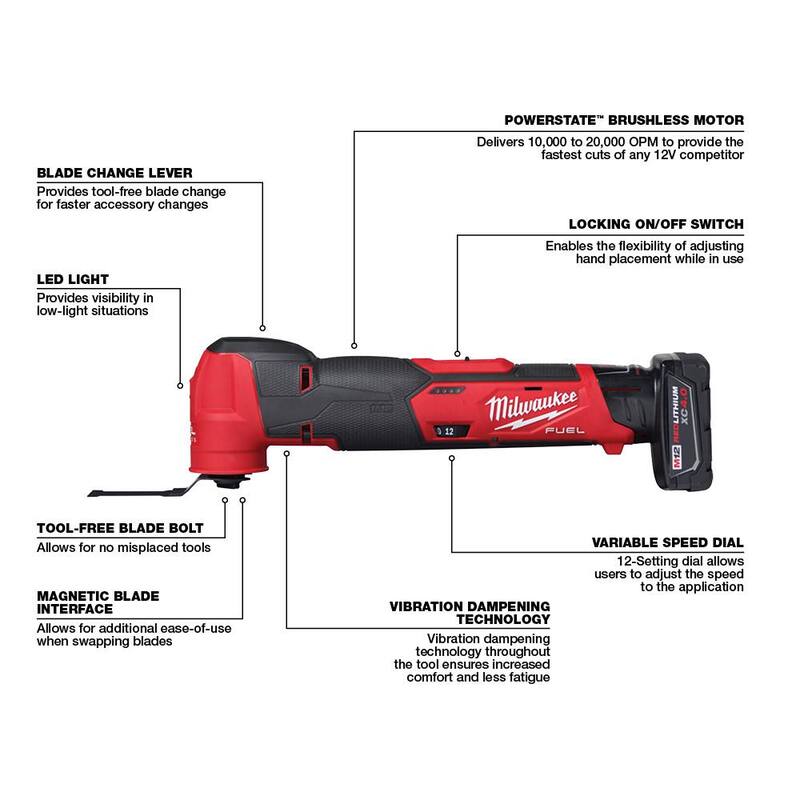 Milwaukee M12 FUEL 12V Lithium-Ion Cordless Multi-Tool Kit con Pistola de Calafateo y Adhesivo de 10 oz, Herramienta Rotativa y Batería de 6.0Ah - 2526-21XC-2441-20-2460-20-48-11-2460.