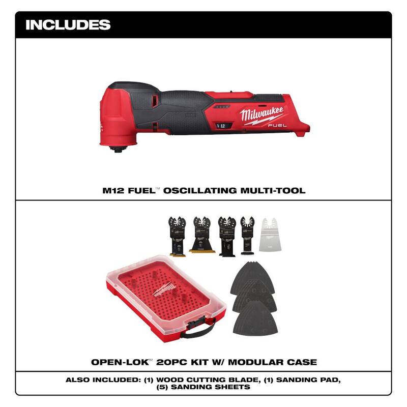 Herramienta múltiple oscilante inalámbrica Milwaukee M12 FUEL 12V de iones de litio (solo herramienta) con kit de hojas de herramienta múltiple oscilante (20 piezas) - 2526-20-49-10-9220