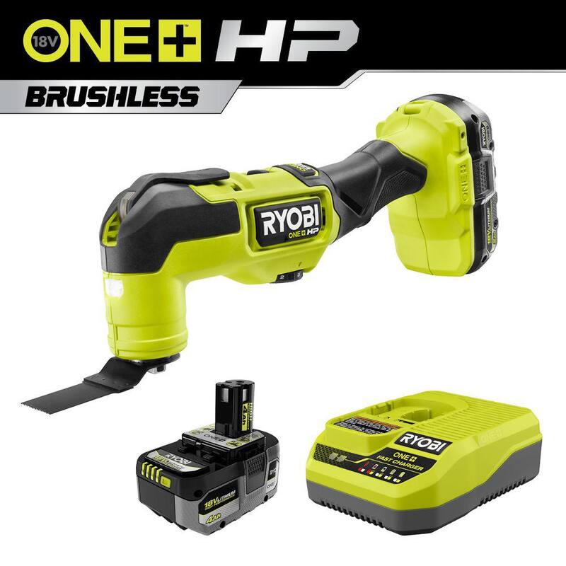 RYOBI ONE+ HP 18V Kit de Herramienta Múltiple Oscilante sin Escobillas con batería de 2.0 Ah, cargador, batería de alto rendimiento de 4.0 Ah y cargador - PBLMT51K1-PSK014