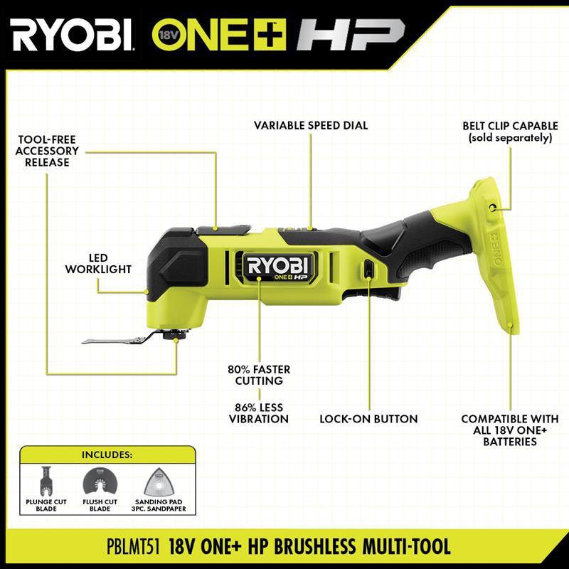 RYOBI ONE+ HP 18V Kit de Herramienta Múltiple Oscilante sin Escobillas con batería de 2.0 Ah, cargador, batería de alto rendimiento de 4.0 Ah y cargador - PBLMT51K1-PSK014