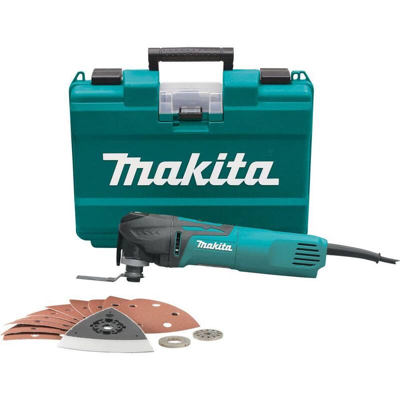 Juego de herramientas múltiples oscilante con cable de 3 amperios y velocidad variable de Makita, con hoja, base para lijar, papel de lija, adaptador, estuche duro - TM3010CX1.