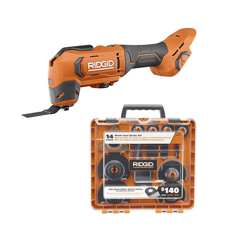 Herramienta múltiple oscilante inalámbrica RIDGID de 18V (solo herramienta) con kit de accesorios de 14 piezas para hojas de herramienta múltiple oscilante - R86241B-AC24J14