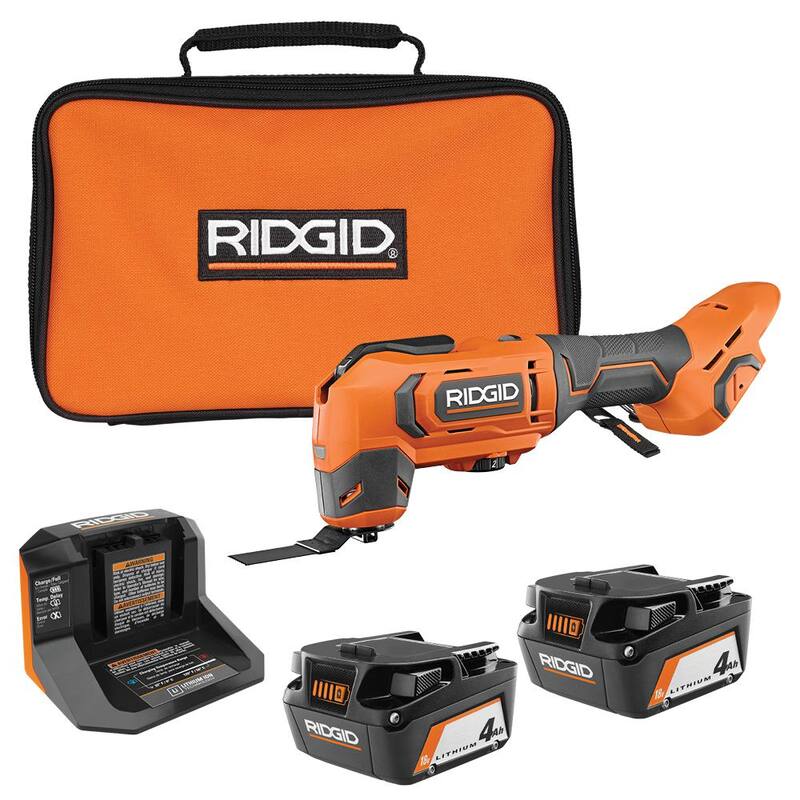 Herramienta múltiple oscilante inalámbrica RIDGID de 18V con (2) baterías de 4.0 Ah, cargador de 18V y bolsa - R86241B-AC93044SBN