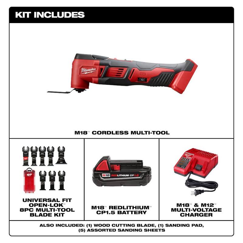 Kit de herramientas múltiples oscilantes inalámbricas Milwaukee M18 18V de iones de litio con una batería de 1.5 Ah y cargador con juego de hojas OMT (8 piezas) - 2626-21-49-10-9208W