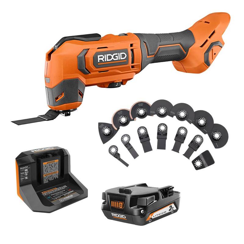 Herramienta múltiple oscilante inalámbrica RIDGID de 18V con batería de 2.0 Ah, cargador y kit de accesorios de 14 piezas para hojas de herramienta múltiple oscilante - R86241K-AC24J14