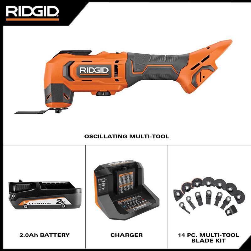 Herramienta múltiple oscilante inalámbrica RIDGID de 18V con batería de 2.0 Ah, cargador y kit de accesorios de 14 piezas para hojas de herramienta múltiple oscilante - R86241K-AC24J14
