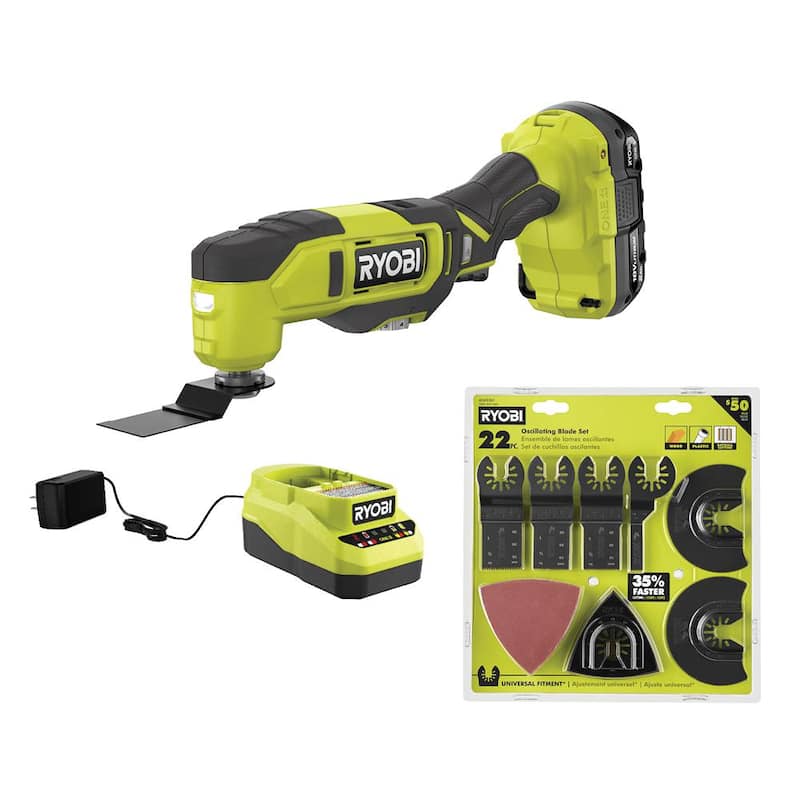 RYOBI ONE+ Kit de herramienta multiusos inalámbrica de 18V con batería de 2.0 Ah, cargador y juego de 22 piezas de hojas oscilantes - PCL430K1-A242201
