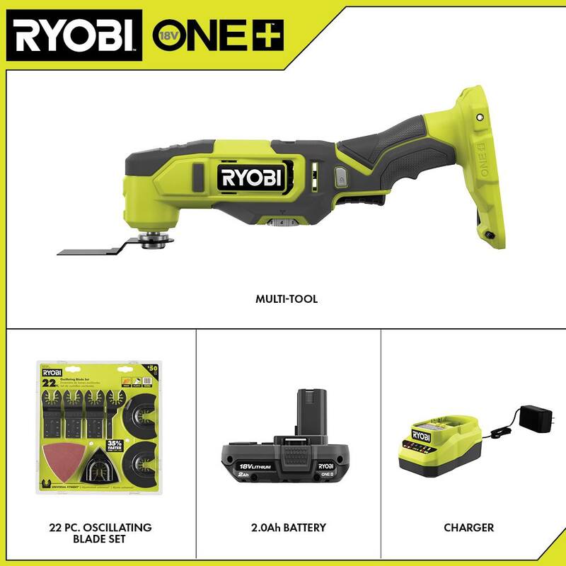 RYOBI ONE+ Kit de herramienta multiusos inalámbrica de 18V con batería de 2.0 Ah, cargador y juego de 22 piezas de hojas oscilantes - PCL430K1-A242201