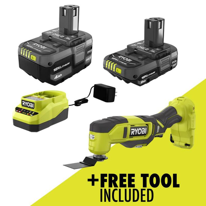 RYOBI ONE+ 18V Kit de Ion de Litio con baterías de 2.0 Ah y 4.0 Ah, cargador y Gratis una Herramienta Múltiple inalámbrica ONE+ 18V - PSK106SB-PCL430B