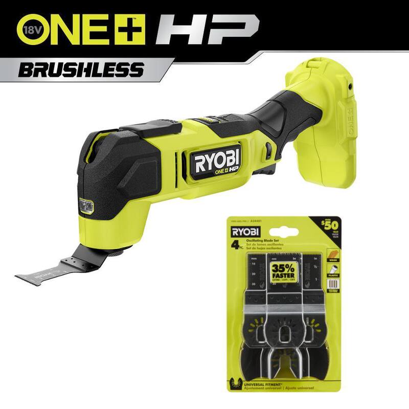 RYOBI ONE+ HP 18V Herramienta oscilante multiusos inalámbrica Brushless (solo herramienta) con juego de 4 piezas de cuchillas de madera para herramienta oscilante multiusos - PBLMT51B-A24401