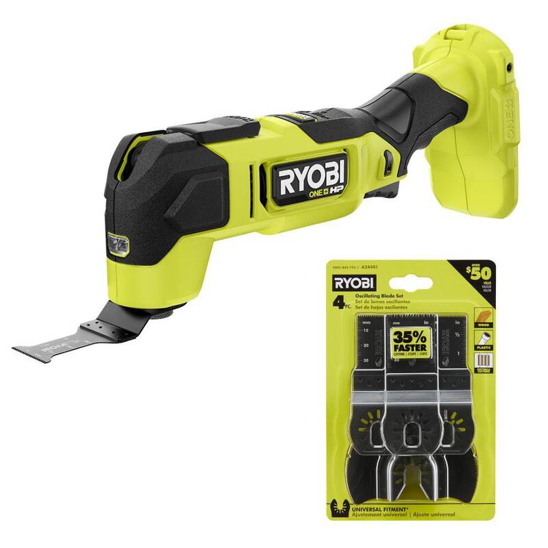 RYOBI ONE+ HP 18V Herramienta oscilante multiusos inalámbrica Brushless (solo herramienta) con juego de 4 piezas de cuchillas de madera para herramienta oscilante multiusos - PBLMT51B-A24401