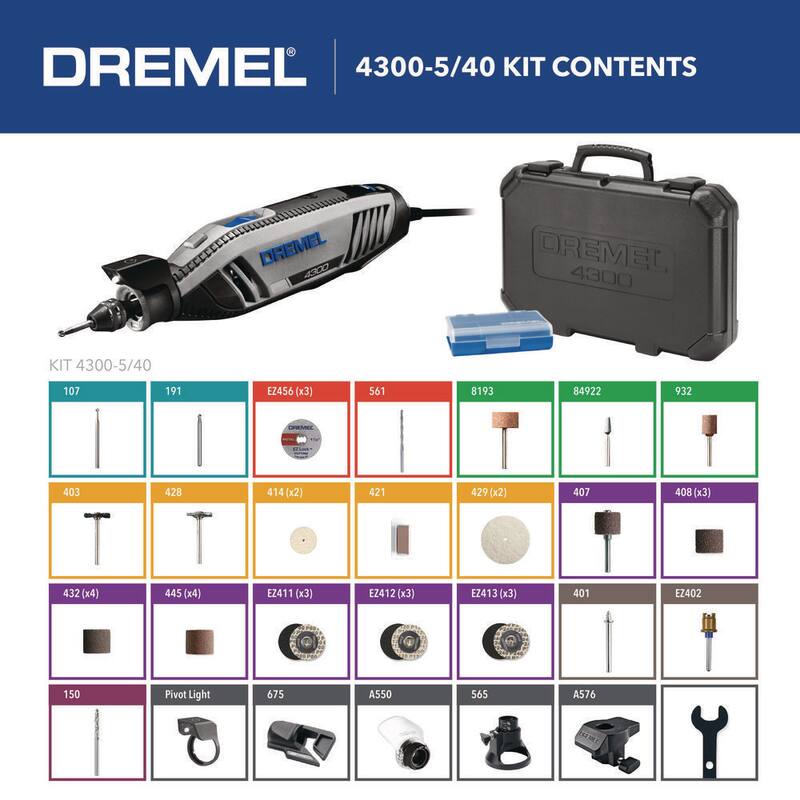 Kit de herramienta rotativa con cable Dremel 4300 Series de 1.8 amperes de velocidad variable con luz montada, 40 accesorios, 5 aditamentos, estuche de transporte - 4300-5/40.