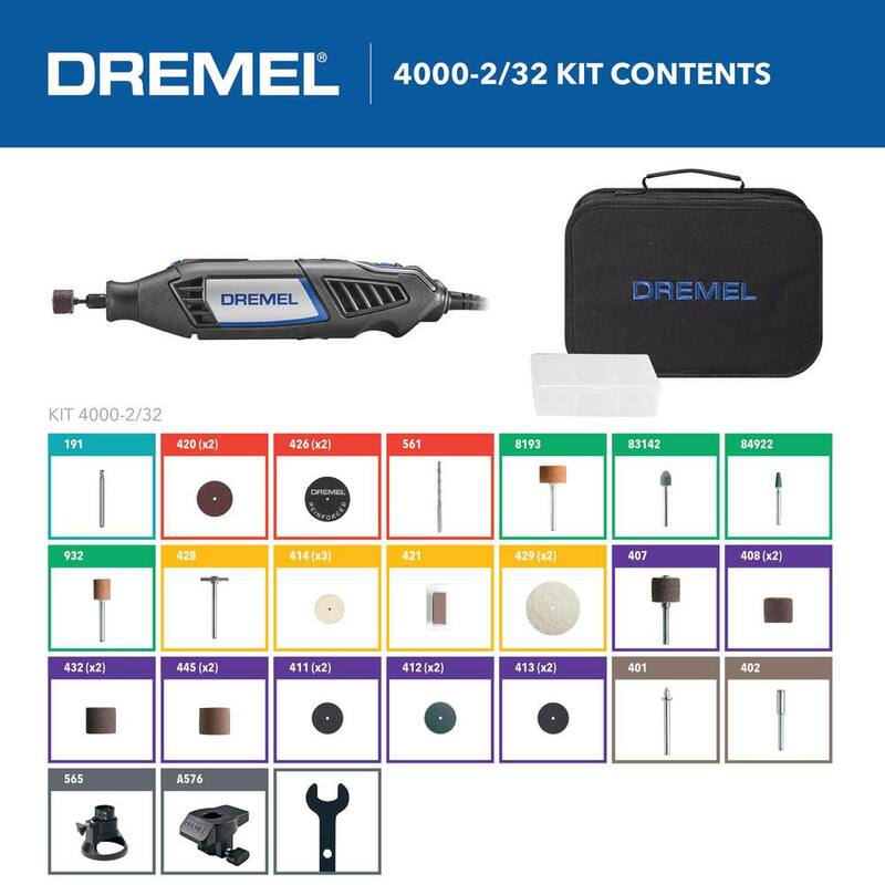 Kit de herramienta rotativa con cable Dremel 4000 de 1.6 amperes y velocidad variable, con 32 accesorios, 2 aditamentos y estuche de transporte - 4000-2/32