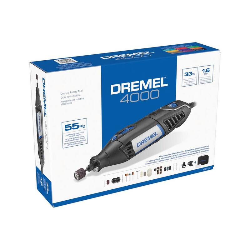 Kit de herramienta rotativa con cable Dremel 4000 de 1.6 amperes y velocidad variable, con 32 accesorios, 2 aditamentos y estuche de transporte - 4000-2/32