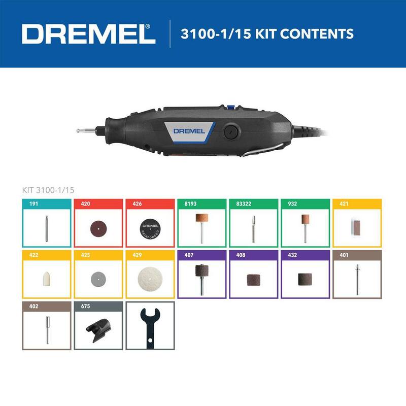 Kit de herramienta rotativa de velocidad variable Dremel 3100 1.2 amperios con 15 accesorios y 1 aditamento - 3100-1/15