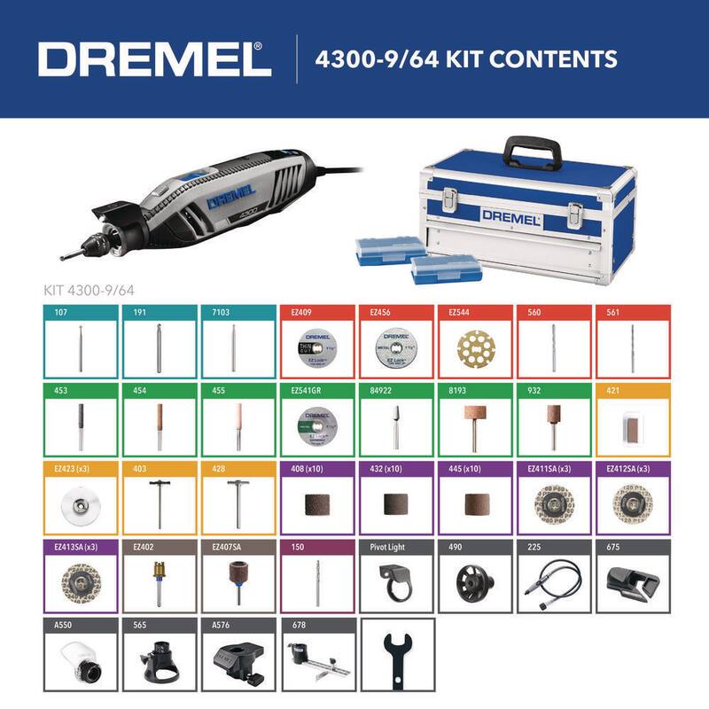 Serie 4300 de Dremel 1.8 Amp Kit de Herramienta Rotativa con Cable de Velocidad Variable, Luz Montada, 64 Accesorios, 9 Adjuntos y Estuche - 4300-9/64