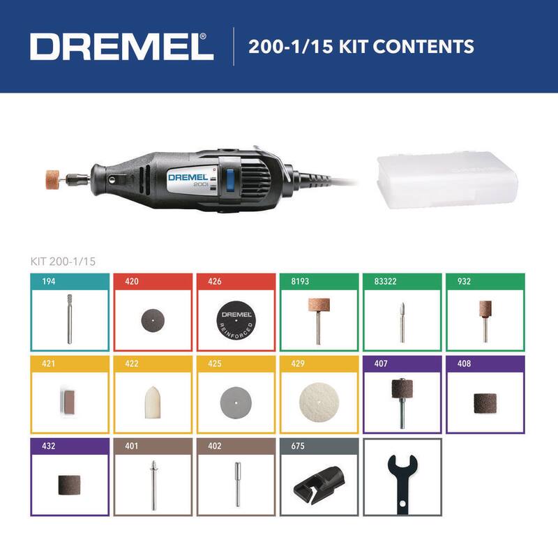 Kit de herramienta rotativa con cable Dremel Serie 200 de 1.15 amperios y doble velocidad con 15 accesorios y 1 aditamento - 200-1/15