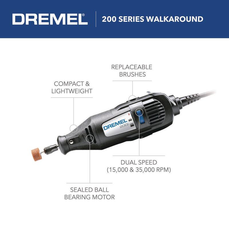 Kit de herramienta rotativa con cable Dremel Serie 200 de 1.15 amperios y doble velocidad con 15 accesorios y 1 aditamento - 200-1/15